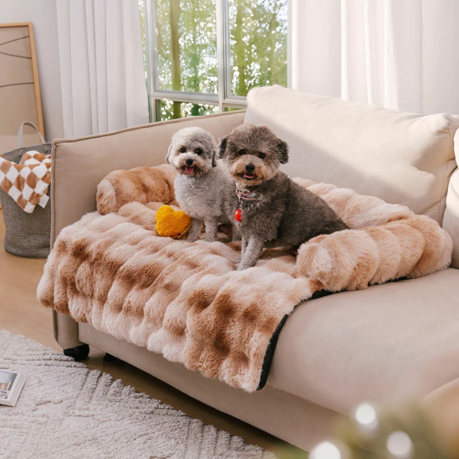 pluche hondenhuis en bank blauw patroon